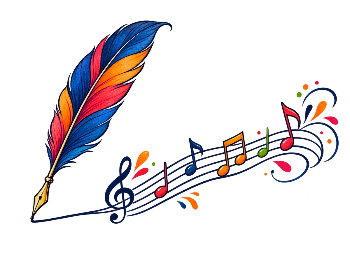Une plume colorée trace une portée et des notes de musique