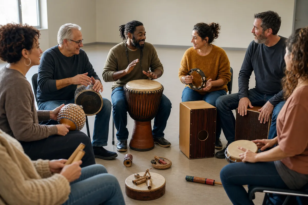 Groupe d'adultes explorant ensemble différents instruments de percussion