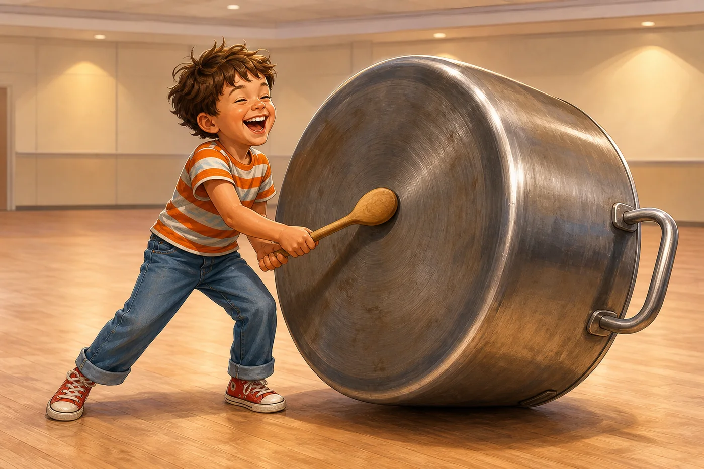 Un enfant joue avec enthousiasme sur le fond d'une immense casserole