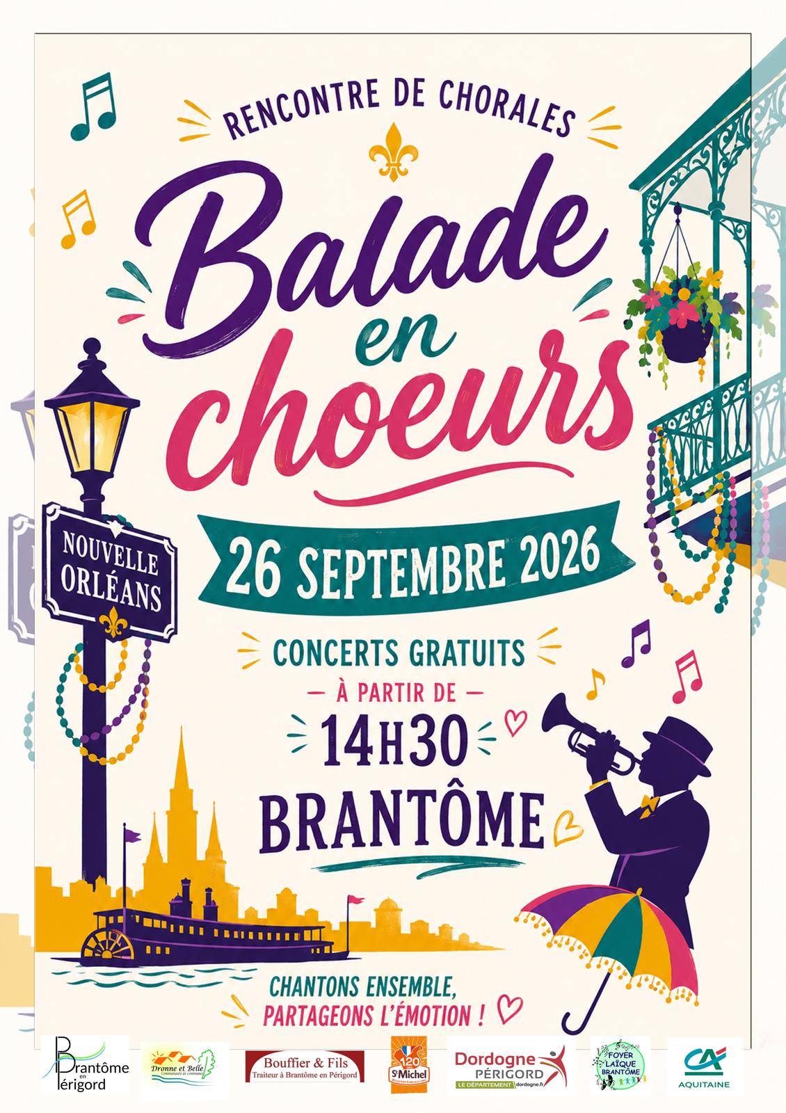 Affiche Balade en chœurs, rencontre de chorales à Brantôme le 26 septembre 2026 à partir de 14 h 30, concerts gratuits