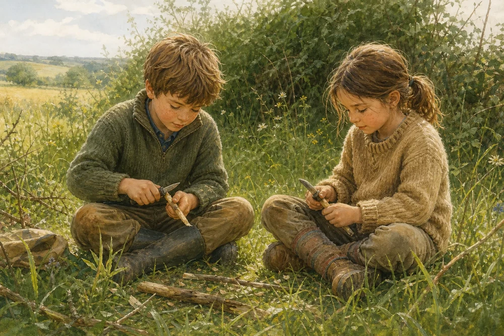 Deux enfants assis dans l'herbe taillent des bouts de bois